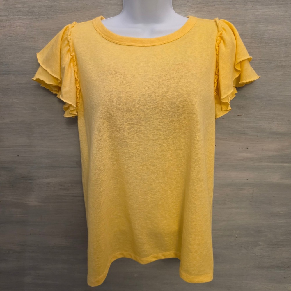 Loft Bright Yellow Knit Tiered Ruffle Flutter Sleeve Blouse Size Medium GC